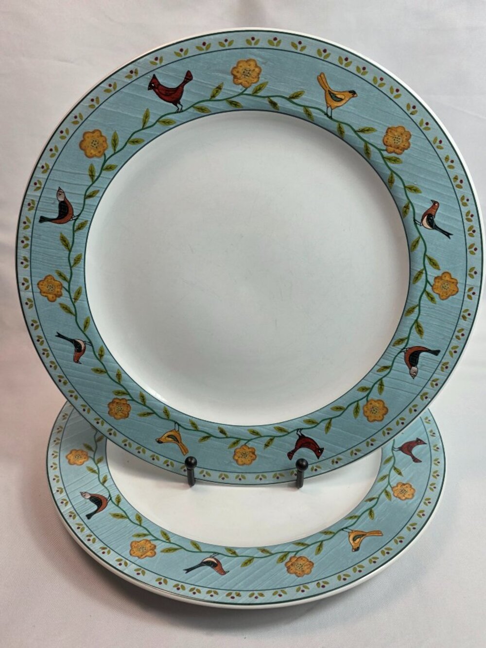 TWO Sakura Birdhouses Dinner Plates Blue Rim with Birds Warren Kimball